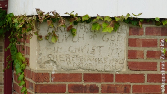 Kewanee St. Anthony Lithuanian crhuch cornerstone, plastered over and chiselled anew by the new owners, the African American church