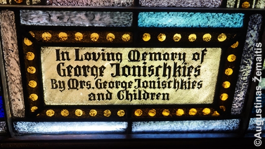 Jonischkies donation inscription on the Yorktown Lutheran church stained-glass windows
