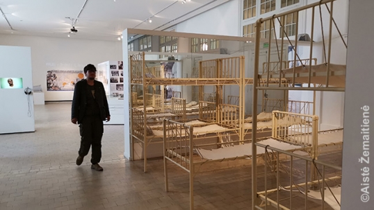 Recreated lines of bunks that used to be temporary homes for thousand s of Lithuanians in what is now the Buenos Aires museum of immigration