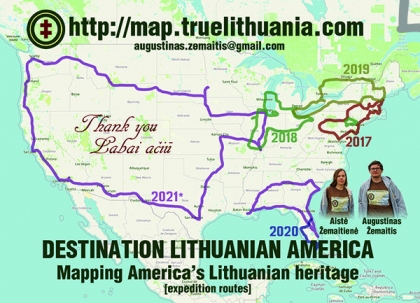 A postcard given to Lithuanians who helped with the project. The routes of all the expeditions are marked