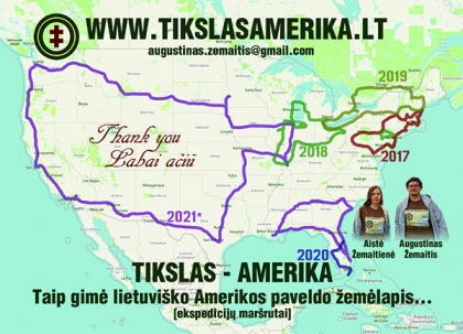 Atvirukas, kokius TIKSLAS - AMERIKA savanoriai dovanojo papasakojantiems apie lietuviško paveldo vietas. Jame sužymėti visų ekspedicijų maršrutai