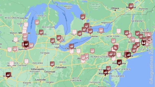 Lietuviškų bažnyčių JAV šiaurės vakaruose ir Kanados pietvakariuose žemėlapis (pažymėtos ir uždarytos bažnyčios; kuo bažnyčia tamsesnė, tuo daugiau išlikę ir tuo svarbesniųd detalių)