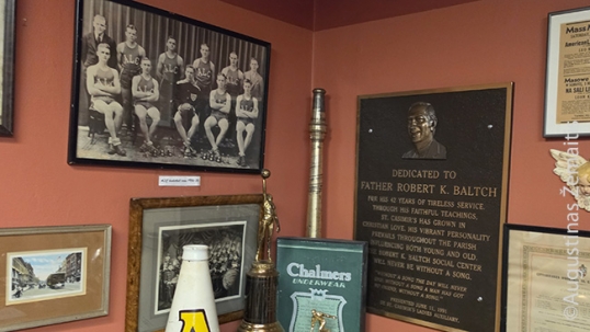 Commemorative plaqque from the church (right) and an image of American Lithuanian Club interwar basketball team (top left) in Walter Elwood Museum